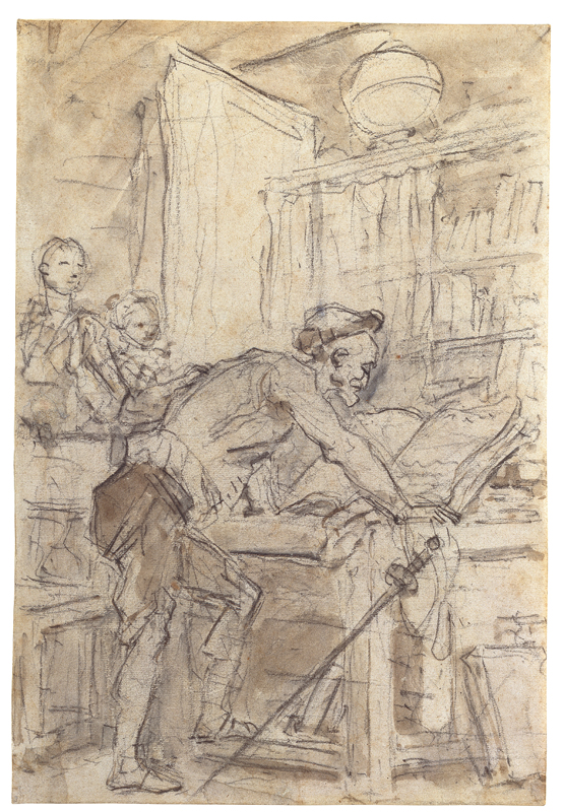 Jean-Honoré Fragonard<br /> Don Quijote bei der Lektüre, um 1780/90<br /> Schwarze Kreide und Bisterlavierung auf beigem Papier, 41,3 x 28 cm