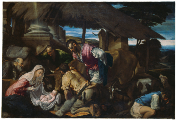 Jacopo da Ponte, genannt Jacopo Bassano (Bassano del Grappa, um 1515 – Bassano del Grappa, 1592)<br /> Die Anbetung der Hirten um 1562/63<br /> Öl auf Leinwand<br /> 103,5 x 153 cm