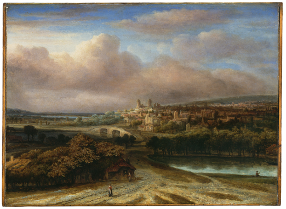 Philips Koninck<br /> Flusslandschaft mit Stadt an Berghang, 1651<br /> Öl auf Leinwand, 62,3 x 84,3 cm<br />