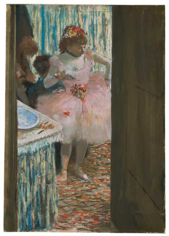 Edgar Degas, Tänzerin in ihrer Garderobe, um 1878/79, Pastell und Gouache auf Papier (oben und rechts einfach, unten zweifach angestückt), 60 x 40 cm