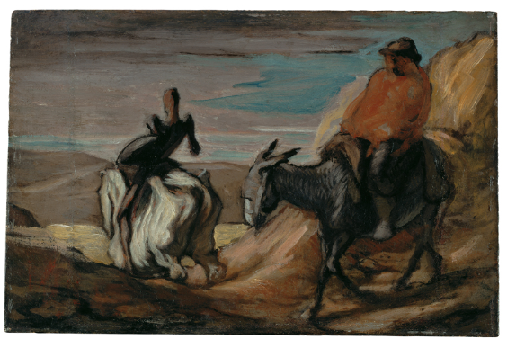 Honoré Daumier<br /> Don Quijote und Sancho Pansa in den Bergen, um 1865/70<br /> Öl auf Holz, 29,7 x 45 cm
