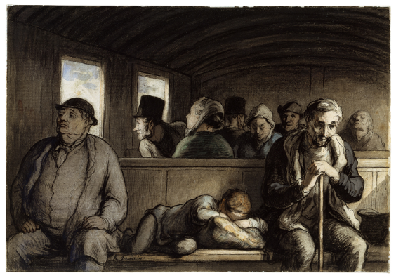 Honoré Daumier<br /> Ein Waggon dritter Klasse, um 1865<br /> Schwarze Kreide, Feder, Aquarell und Gouache auf Papier, 23,2 x 33,7 cm