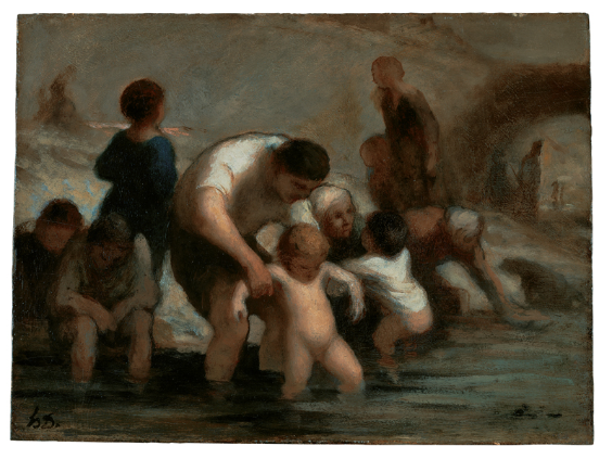 Honoré Daumier<br /> Kinder beim Baden, um 1855<br /> Öl auf Holz, 24,5 x 33 cm