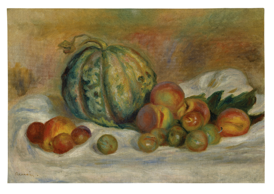 Pierre-Auguste Renoir, Stilleben mit Melone, Pfirsichen und Pflaumen, um 1905, Öl auf Leinwand, 37 x 54 cm