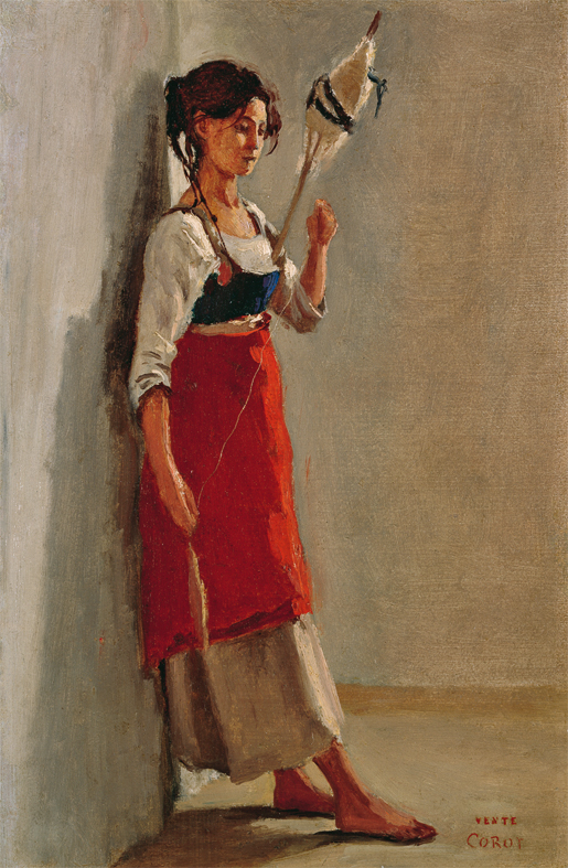 Jean-Baptiste Camille Corot
Jeune Italienne de Papigno avec sa quenouille (Junge Italienerin aus Papigno mit Spinnrocken), 1826/28
Öl auf Karton, 30 × 19 cm
Privatsammlung
