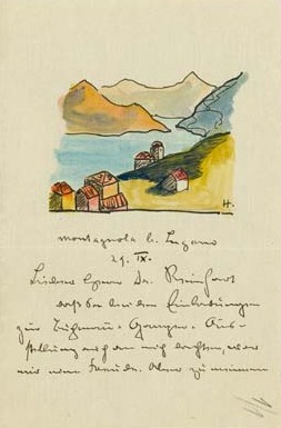 Brief von Hermann Hesse (1877–1962) an Oskar Reinhart mit einer eigenhändigen Zeichnung, einer Ansicht von Montagnola und dem Ceresio bei Lugano, 29. September 1925, Archiv Sammlung Oskar Reinhart «Am Römerholz», Winterthur