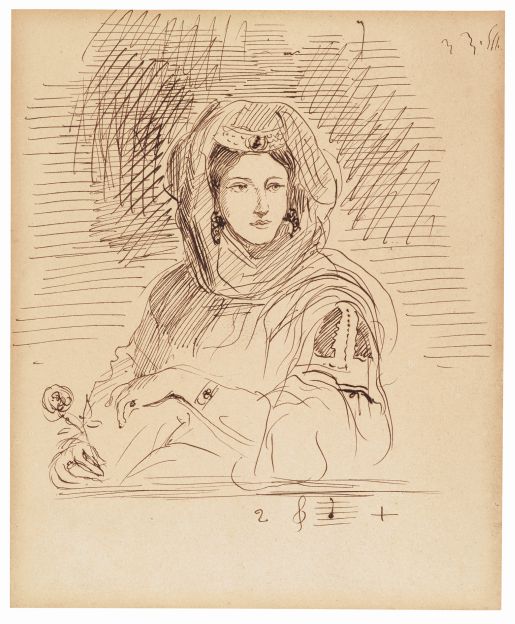 Eugène Delacroix, L’Algérienne à la rose (Pauline Villot in algerischem Kostüm), um 1833, Feder und braune Tusche, 18,5 × 15,5 cm, Thaw Collection, The Morgan Library & Museum, New York