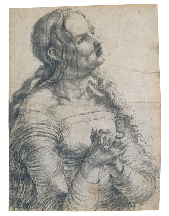 Matthias Grünewald, Portrait d’une femme dolente, vers 1512/15, Pierre noire sur papier, 40,4 (gauche)/41,5 cm (droite), 29,6 (haut)/30,2 cm (bas), Collection Oskar Reinhart « Am Römerholz », Winterthour