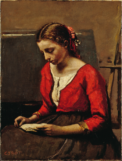 Jean-Baptiste Camille Corot
Jeune femme blonde assise, les yeux baissés et lisant (Sitzende junge blonde Frau mit gesenktem Blick beim Lesen), um 1845/50
Öl auf Leinwand, 42,5 × 32,5 cm
Stiftung Sammlung E. G. Bührle, Zürich