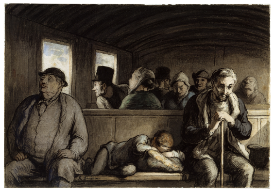 Honoré Daumier <br /> The Third-class Carriage c. 1865<br /> Black chalk, pen and ink, watercolour and gouache on paper, 23,2 x 33,7 cm