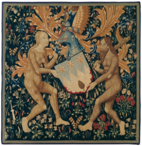 Tournai (?), Wild Woman and Wild Man bearing a Coat of Arms, last quarter 15th century, Tapestry weave, fragment, 117 x 112,5 cm, The Oskar Reinhart Collection ʼAm Römerholzʻ, Winterthur
