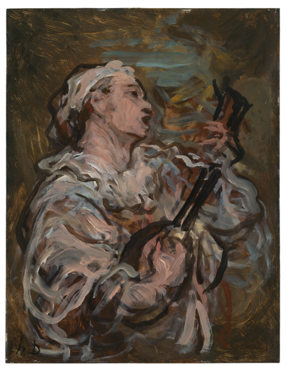 Honoré Daumier<br /> Pierrot à la mandoline (Le Chanteur), vers 1873<br /> huile sur bois, 35 x 27 cm