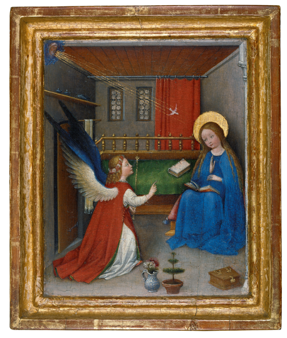 Maître du Rhin supérieur<br /> L’Annonciation, vers 1420-1430<br /> tempera sur bois de chêne, 23,5 x 19 cm