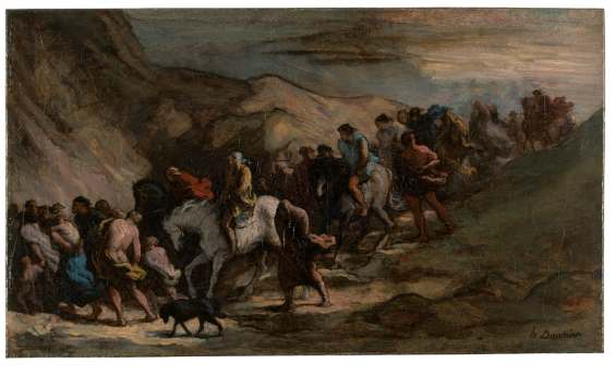 Honoré Daumier (Marseille, 1808 –Valmondois, 1879)<br /> Die Flüchtlinge, um 1848/1852<br /> Öl auf Papier, auf Leinwand aufgezogen, 39,5 x 68,5 cm<br />