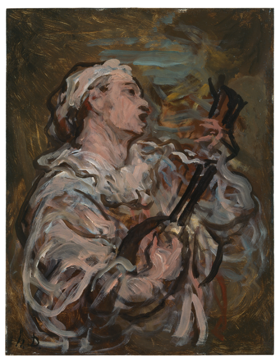 Honoré Daumier<br /> Pierrot che canta con mandolino, attorno al 1873<br /> olio su legno, 35 x 27 cm